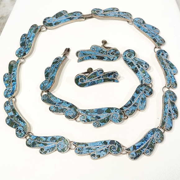 Taxco Jewelry - 1940s Taxco Mexico Sterling Silver 950 Blue Stone Inlay 3 Piece Demi Parure Set
